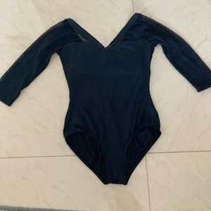 Black 3/4 sleeve ballet leotard polka dot mesh